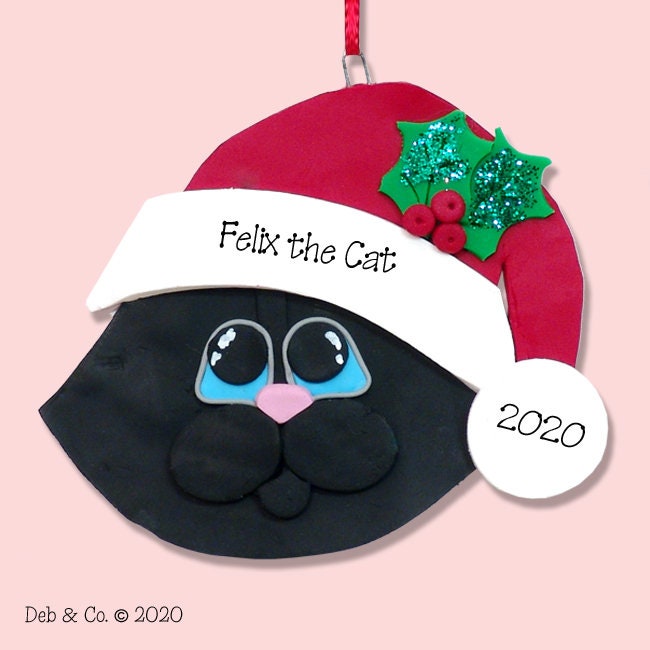 Solid Black KITTY CAT Face HANDMADE Polymer Clay Personalized Christmas Ornament - Limited Edition