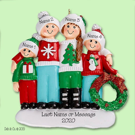 Ugly Sweater Family of 4 Personalized Christmas Ornament