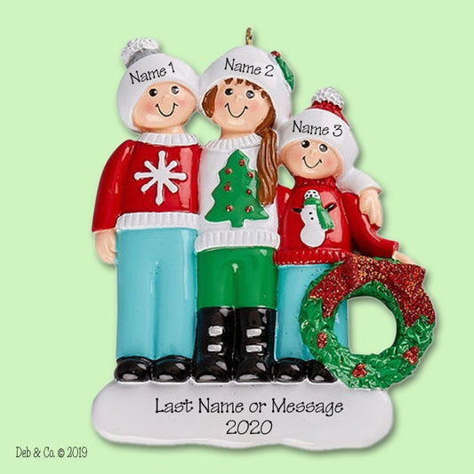 Ugly Sweater Family of 3 Personalized Christmas Ornament