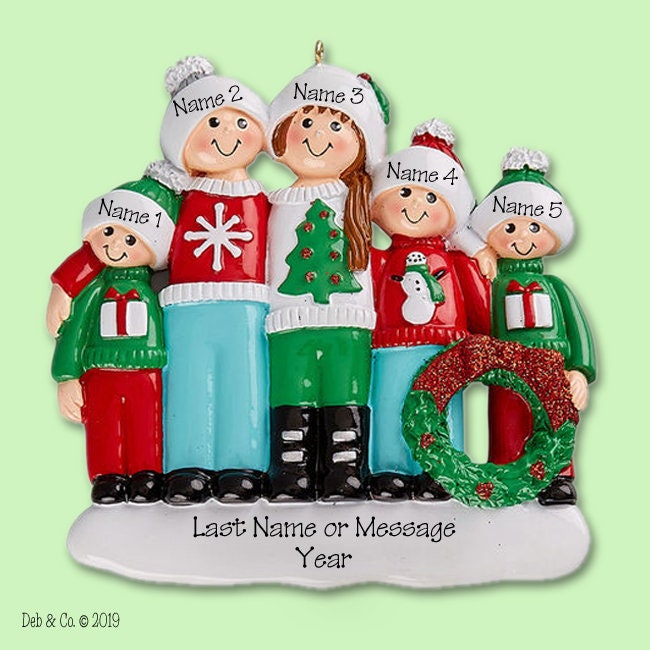 Ugly Sweater Family of 5 Personalized Christmas Ornament