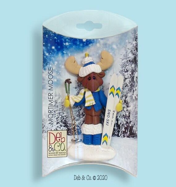 Mortimer Moose Skier Personalized Christmas Ornament, HANDMADE Polymer Clay Custom Ornament in Custom Gift Box