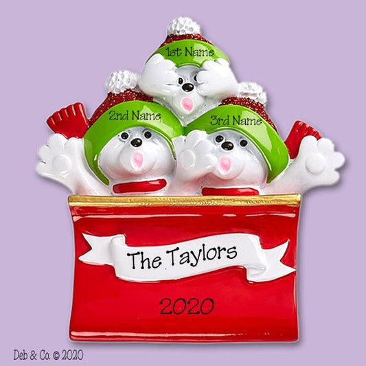 Personalized Family Ornament, Polar Bear Family of 3 in Sleigh - Toboggan, Personalized Christmas Ornament, Custom Ornaments