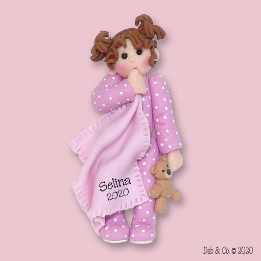 Little Girl Toddler with Blanket HANDMADE Polymer Clay Personalized Ornament in Custom Gift Box - BLONDE ONLY