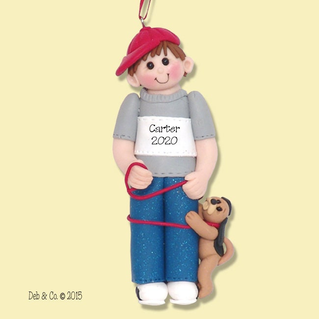 Giggle Gang Boy with Puppy Dog HANDMADE POLYMER CLAY Ornament - Personalized Christmas Ornament in Custom Gift Box