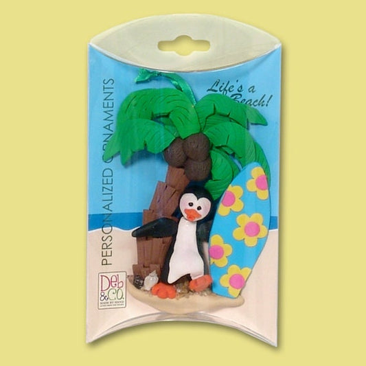 PETEY PENGUIN w/ Surfboard Personalized Vacation Ornament Handmade Polymer Clay - in Custom Gift Box