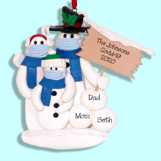 Covid-19 Corona Virus Pandemic Snowman  Family of 3 w/Facemasks HANDMADE Polymer Clay Personalized Quarantine Christmas Ornament SHIPS NOW!