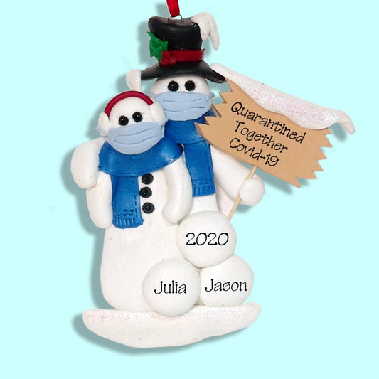 Covid-19 Corona Virus Pandemic Snowman Couple w/Facemasks HANDMADE Polymer Clay Personalized Christmas Ornament SHIPS NOW!