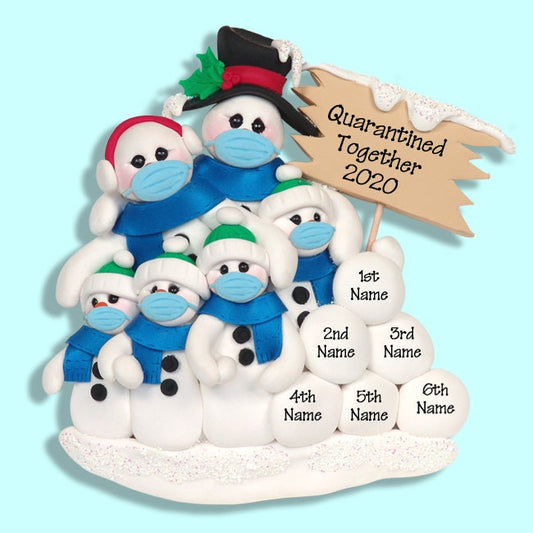 Covid-19 Corona Virus Pandemic Snowman  Quarantine Family of 6 w/Facemasks HANDMADE Polymer Clay Personalized Christmas Ornament SHIPS NOW!