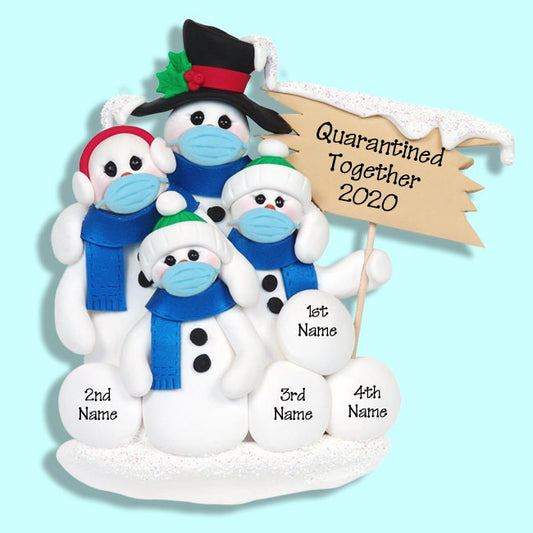 Covid-19 CoronaVirus Pandemic Quarnatine Snowman  Family 4 w/Face masks HANDMADE Polymer Clay Personalized Christmas Ornament - SHIPS NOW!