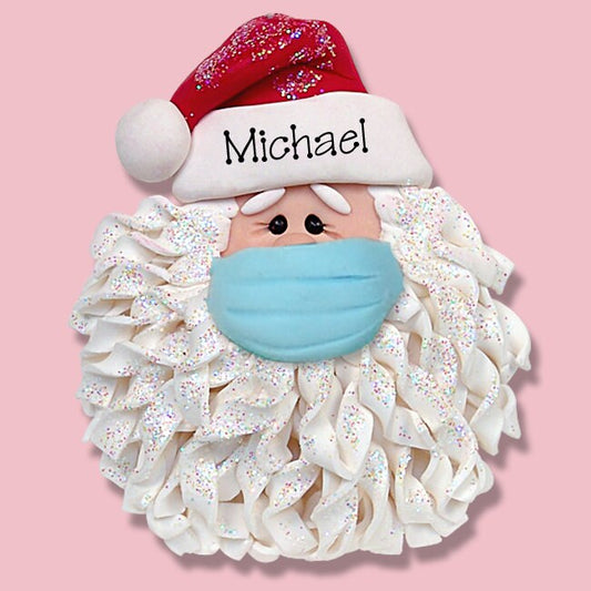 Santa Face with Face Mask Covid-19 / Coronavirus / Pandemic Handmade Polymer Clay Personalized Christmas Ornament - SHIPS NOW!