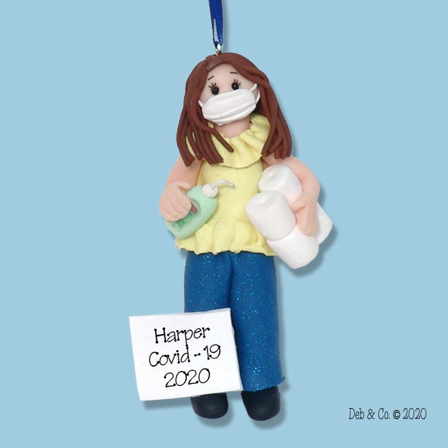 Covid-19 / Corona Virus / Pandemic Personalized Girl w/Toilet Paper & Hand Sanitizer Handmade Polymer Clay Custom Ornament - SHIPS NOW!
