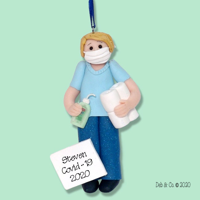 Covid-19 / Corona Virus / Pandemic Personalized Blonde Hair Male Ornament w/Toilet Paper & Hand Sanitizer HANDMADE Polymer Clay SHIPS NOW!