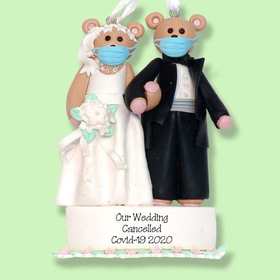 Covid-19 Bride & Groom Pandemic / Cornavirus Handmade Polymer Clay Personalized Wedding Cancelled Ornament with Face Masks - SHIPS NOW!