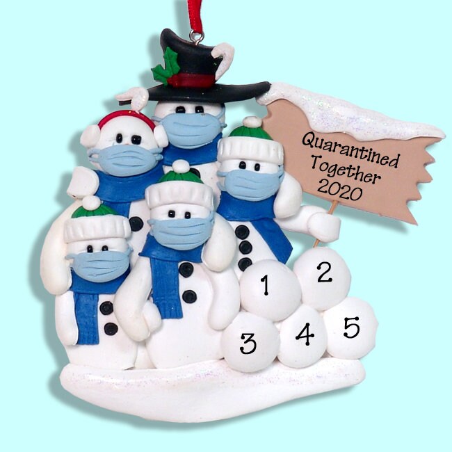 Covid-19 Corona Virus Pandemic Snowman  Family of 5 w/Facemasks HANDMADE Polymer Clay Quarantine Personalized Christmas Ornament SHIPS NOW!