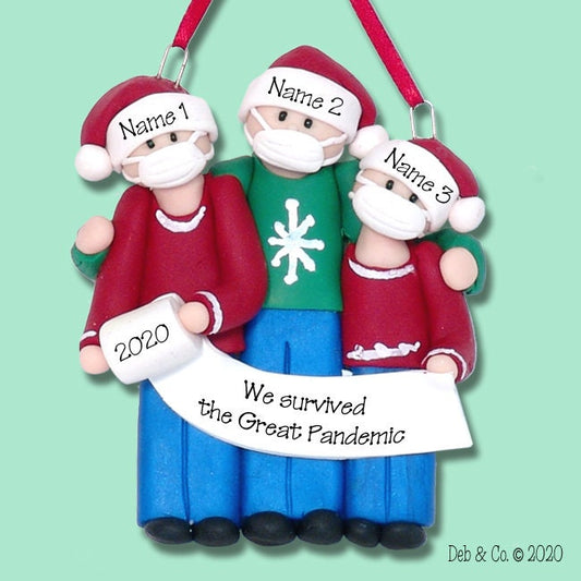 Covid-19 / Corona Virus / Pandemic Christmas Family of 3 Ornament Personalized HANDMADE Polymer Clay Ornament in Custom Gift Box SHIPS NOW!