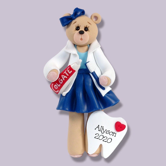 Female Dentist / Dental Hygienist Belly Bear Polymer Clay Personalized Christmas Ornament