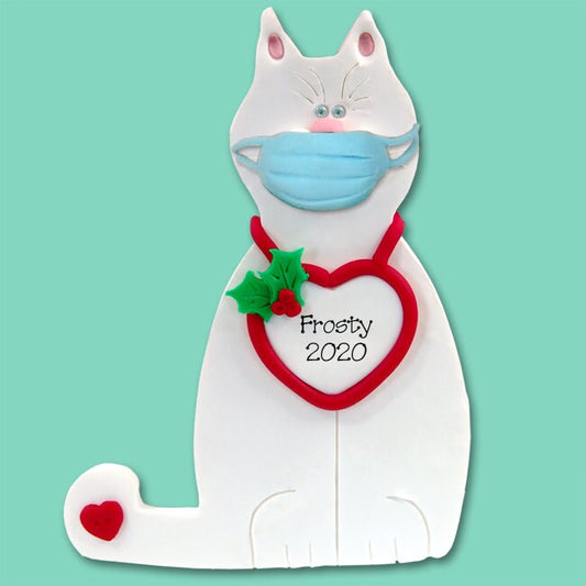 White KITTY CAT With Face Mask Covid-19 / Pandemic / Corona Virus HANDMADE Polymer Clay Personalized Christmas Ornament