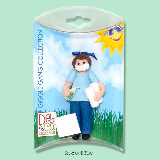 Covid-19 / Corona Virus / Pandemic Personalized Brown Hair Male Ornament w/Toilet Paper & Hand Sanitizer HANDMADE POLYMER in Custom Box