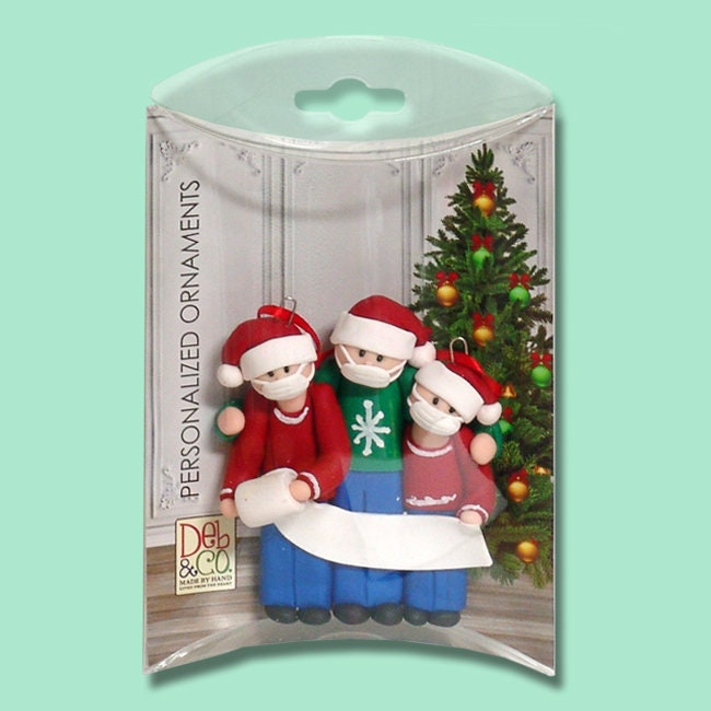 Covid-19 / Corona Virus / Pandemic Christmas Family of 3 Ornament Personalized HANDMADE Polymer Clay Ornament in Custom Gift Box SHIPS NOW!