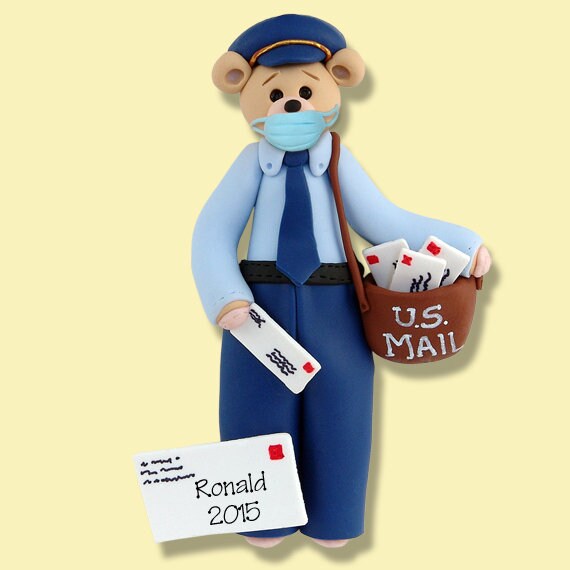 Covid-19 MAILMAN / Letter Carrier with Face Mask Handmade Pandemic / Coronavirus Polymer Clay Personalized Christmas Ornament SHIPS NOW!