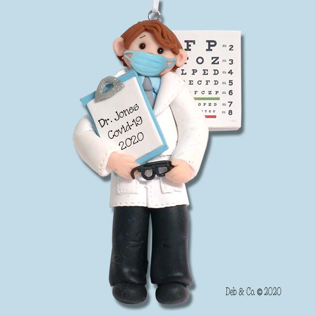 BLONDE HAIR Covid-19 Male OPTOMETRIST w/ Face Mask Corona Virus Pandemic Eye Doctor Personalized Ornament - Handmade Polymer Clay