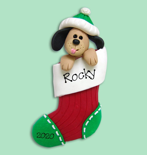 Christmas Puppy Dog in Stocking  Handmade Polymer Clay Personalized Christmas Ornament - SALE!