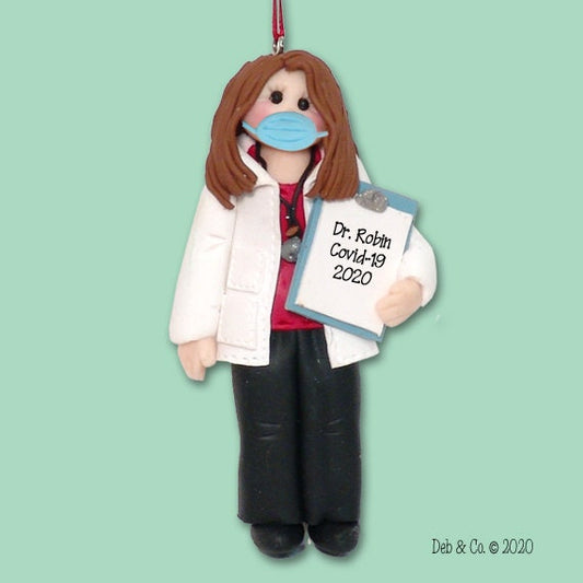 Covid-19 Female Doctor w/ Face Mask Pandemic Corona Virus Quarantine Personalized Christmas Ornament - Handmade Polymer Clay