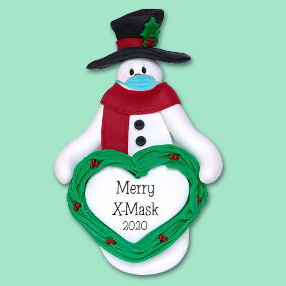 Covid-19 Snowman with Heart & Face Mask HANDMADE POLYMER CLAY Pandemic Corona Virus Quarantin ePersonalized Christmas Ornament