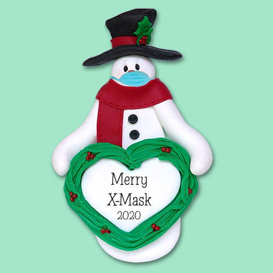 Covid-19 Snowman with Heart & Face Mask HANDMADE POLYMER CLAY Pandemic Corona Virus Quarantin ePersonalized Christmas Ornament