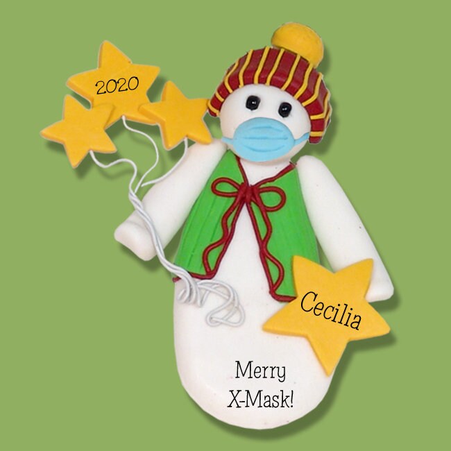 Covid-19 Snowman with Face Mask Corona Virus Pandemic Handmade Polymer Clay Personalized Christmas Ornament