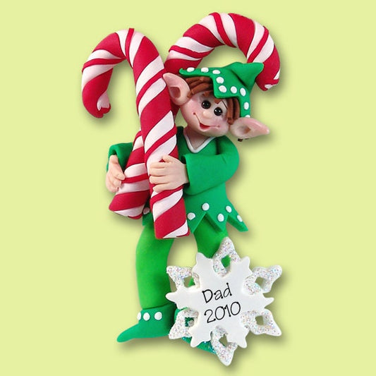 Elf with Candy Canes HANDMADE Polymer Clay Personalized Christmas Ornament