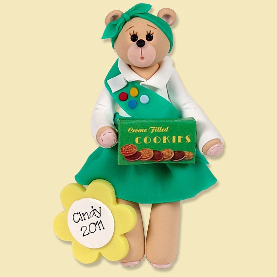 Girl Scout Belly Bear Ornament, Personalized Girl Scout, Polymer Clay Personalized Christmas Ornaments