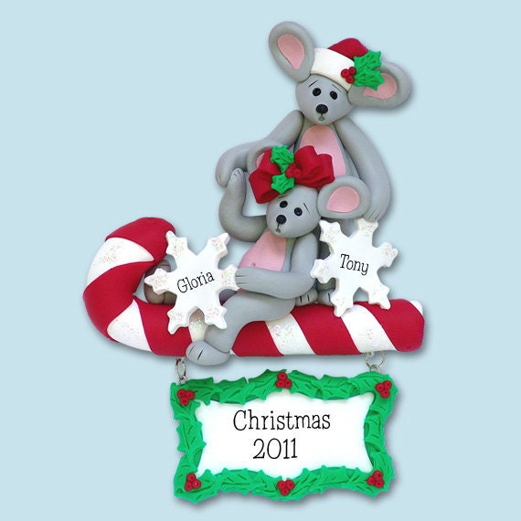 Merry Mouse Couple  Polymer Clay Personalized Christmas Ornament