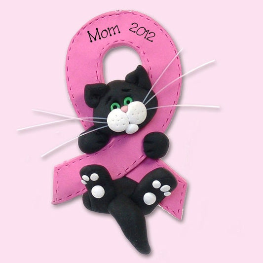 Breast CANCER-PINK RIBBON Survivor / Memorial Black & White Cat - Polymer Clay Personalized Christmas Ornament