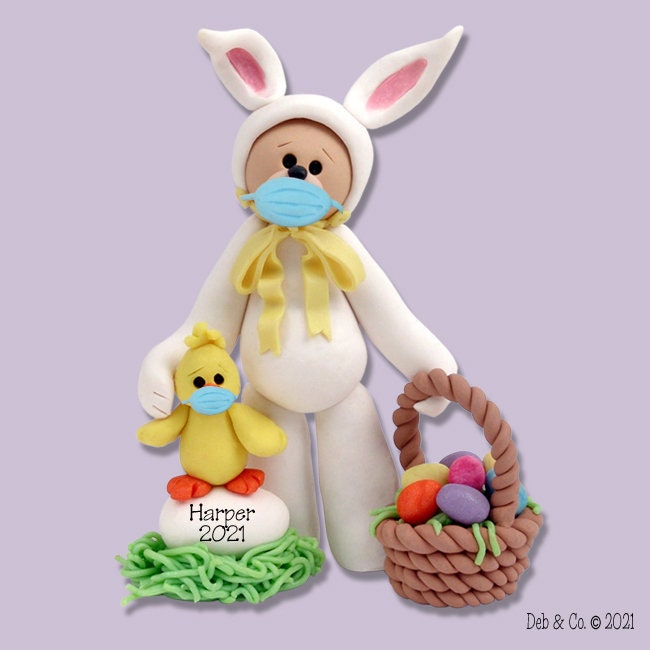 Covid-19 Personalized EASTER BUNNY Bear with Face Mask Handmade Polymer Clay Easter Figurine