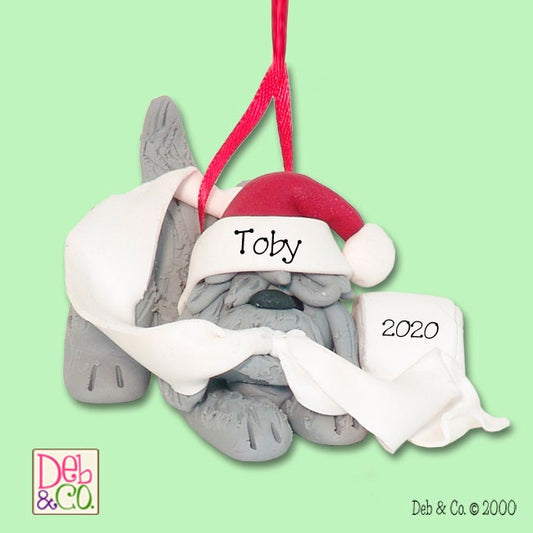 Shaggy Gray Dog with Toilet Paper HANDMADE Polymer Clay Personalized Christmas Ornament , Customized Ornaments