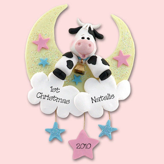 Babys First Christmas Personalized Ornaments, HANDMADE Polymer Clay Cow in Moon, Personalized Baby Ornaments