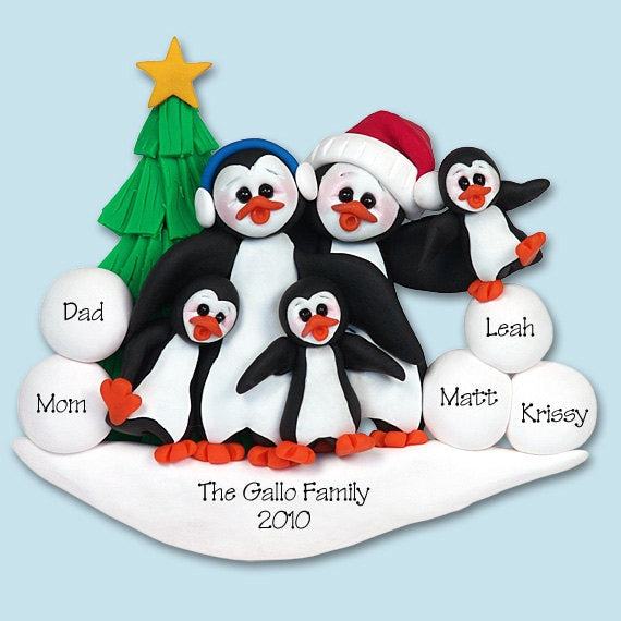 Personalized PENGUIN FAMILY of 3, HANDMADE Polymer Clay, Personalized Christmas Ornaments