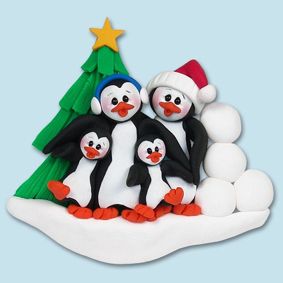 Personalized PENGUIN FAMILY of 3, HANDMADE Polymer Clay, Personalized Christmas Ornaments