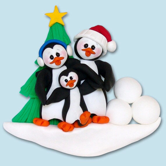 Personalized PENGUIN FAMILY of 3, HANDMADE Polymer Clay, Personalized Christmas Ornaments