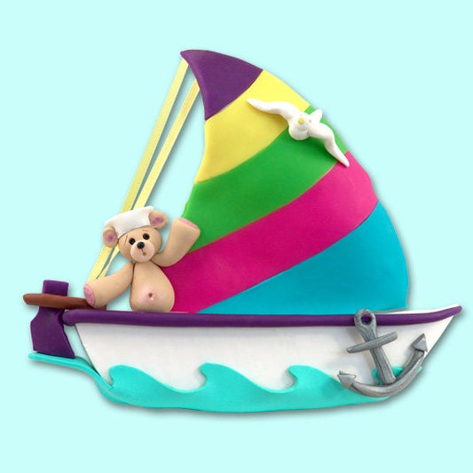 Belly Bear Family of 1 in Sailboat  Polymer Clay Personalized Christmas Ornament