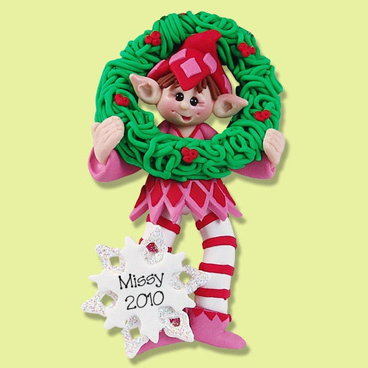 Elf with Wreath - HANDMADE  Polymer Clay Personalized Christmas Ornament