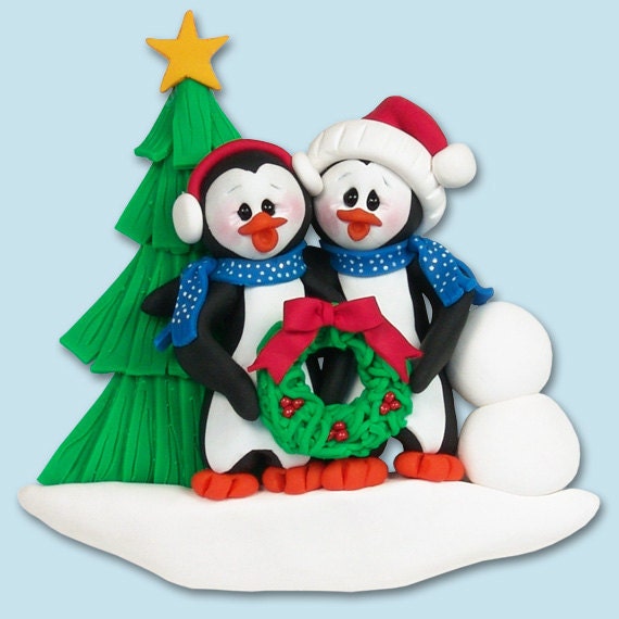 Personalized PENGUIN FAMILY of 3, HANDMADE Polymer Clay, Personalized Christmas Ornaments