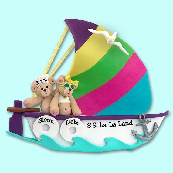 Belly Bear Family of 1 in Sailboat  Polymer Clay Personalized Christmas Ornament