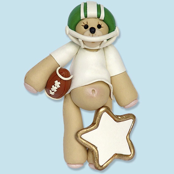 Green Football Player Bear Personalized Ornament - MATTE FINISH - Handmade Polymer Clay