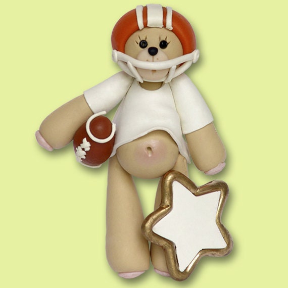 Green Football Player Bear Personalized Ornament - MATTE FINISH - Handmade Polymer Clay