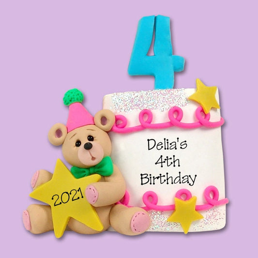 PERSONALIZED 4th BIRTHDAY Cake Personalized Christmas Ornament - Handmade Polymer Clay