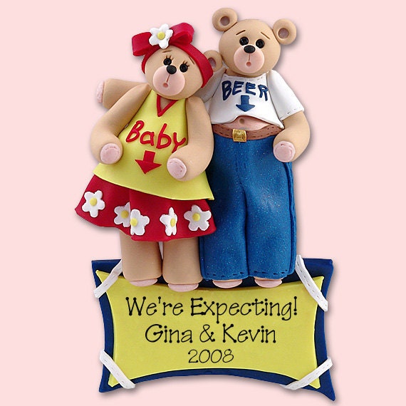 Belly Bear Pregnant / Expecting Couple HANDMADE POLYMER CLAY Personalized Christmas Ornament