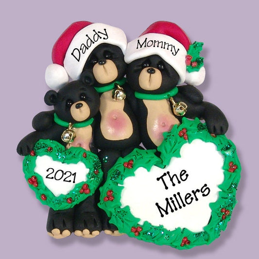 Black Bear Family of 3 with Hearts, HANDMADE POLYMER CLAY, Personalized Christmas Ornaments, Custom Ornmanets #1