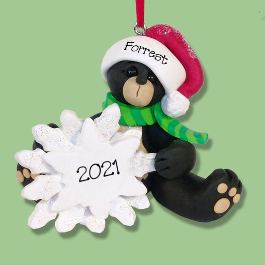 Personalized Sitting Black Bear with Snowflake Handmade Polymer Clay Christmas Ornament , First Christmas Gift Ornament